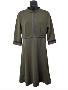 Homeyee Women's Green Mock Neck 3/4 Sleeve A-Line Knee Dress Stretch Size 8